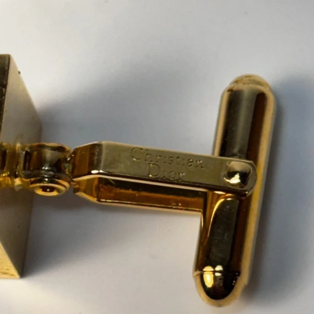 Christian Dior Vintage Cuff Links Gold Tone Wood Grain Decor Signed